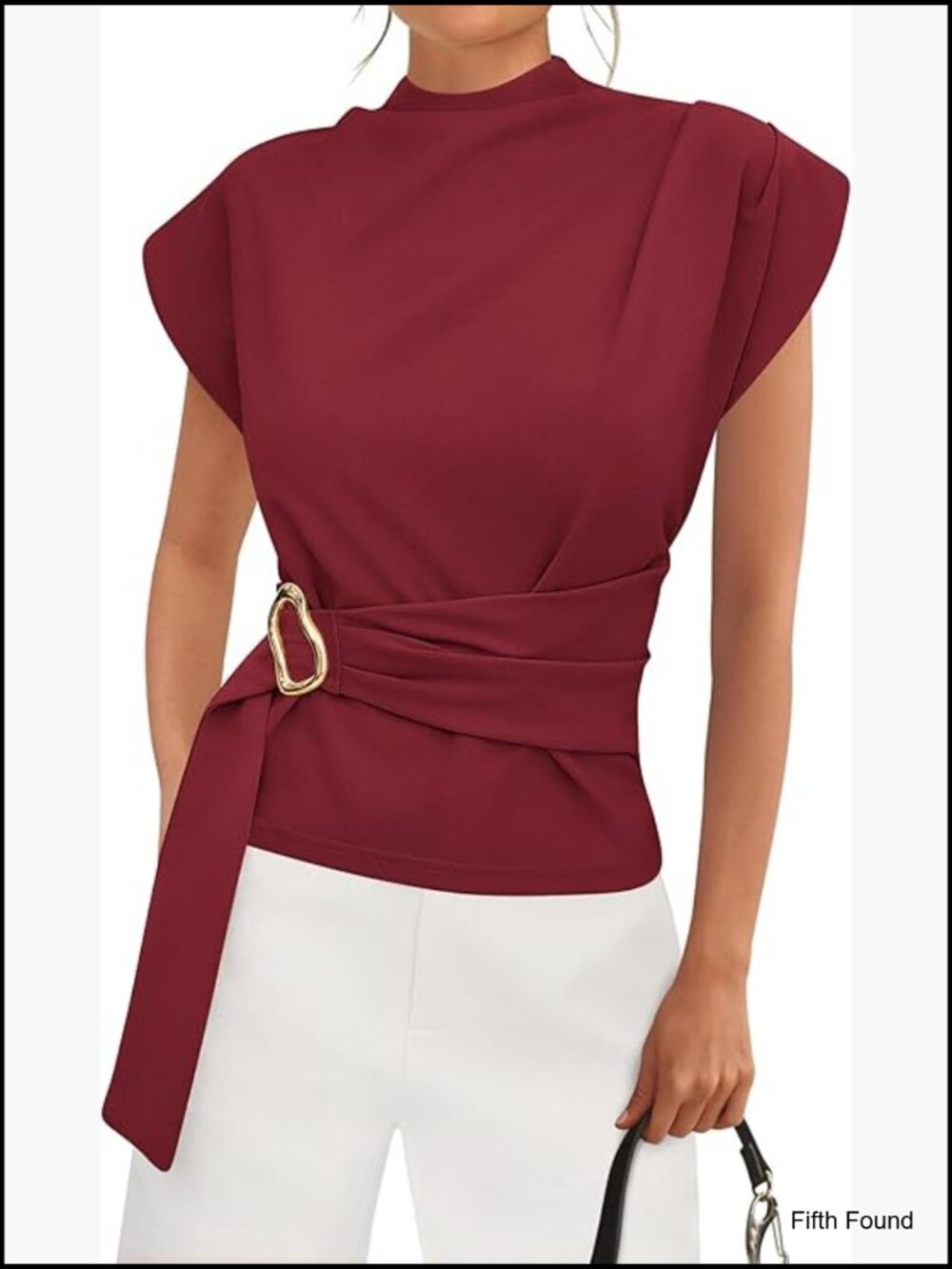Mock Neck Cap Sleeve Tunic Blouse with Buckle Detail Work Tops